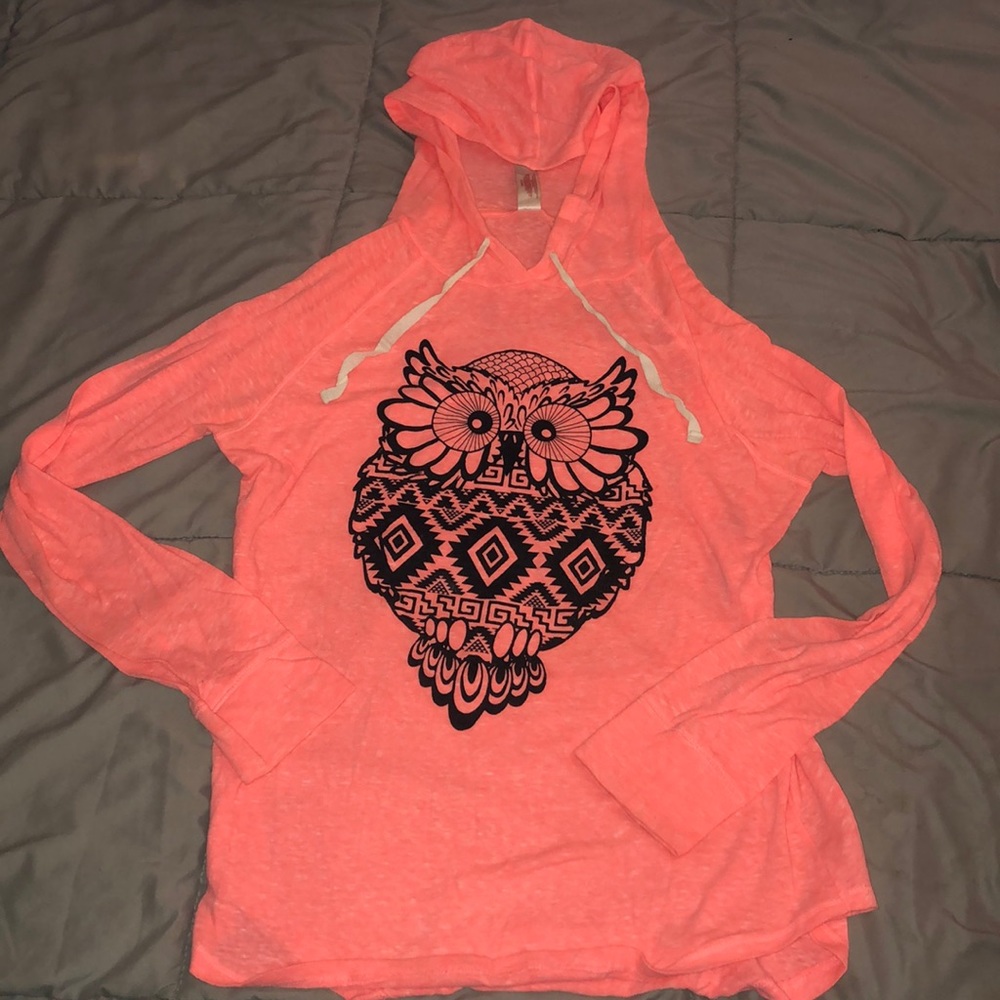 No Boundaries Juniors Neon Coral Owl Hoodie